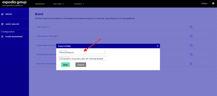 Analytics Console CopyDashboard PersonalFolder